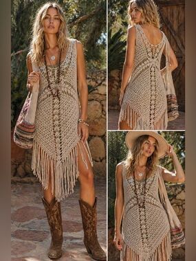 Entro Los Angeles Crochet Fringe Tunic Top Boho Festival Cover Up Beige | Small